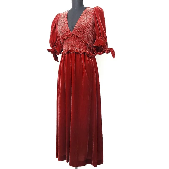 Sea New York Mayde Velvet Puff Sleeve Smocked Bow Midi Maxi Dress - Picture 7 of 11